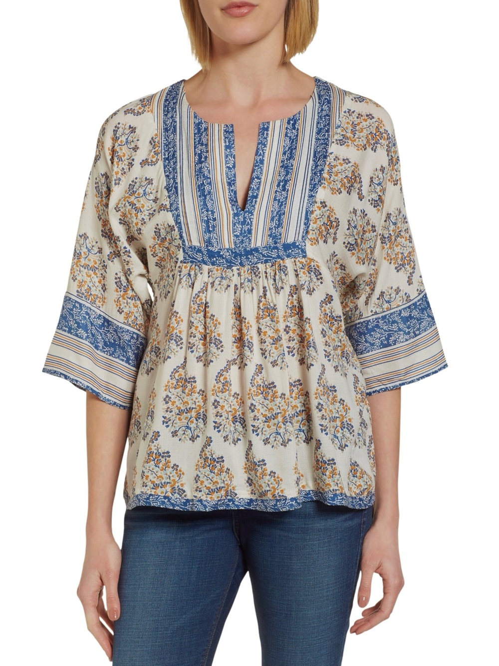 Lucky Brand  Pheasant Top Pin-Tuck Split Neck Large